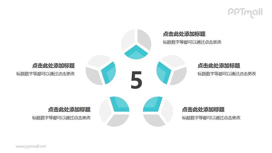 5个灰绿色饼图并列关系逻辑图PPT模板