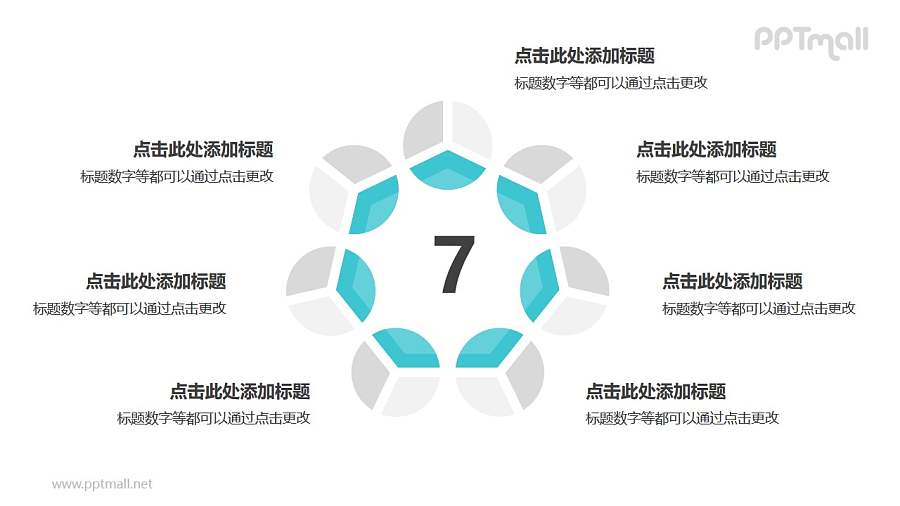 7个灰绿色饼图摆成的圆形并列关系逻辑图PPT模板