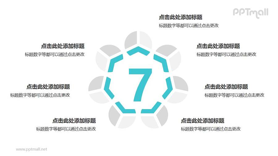 7个灰绿色拼图循环关系逻辑图PPT模板