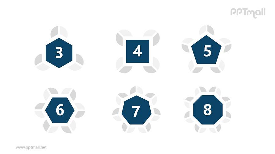 6组蓝灰色花瓣拼图并列关系逻辑图PPT模板