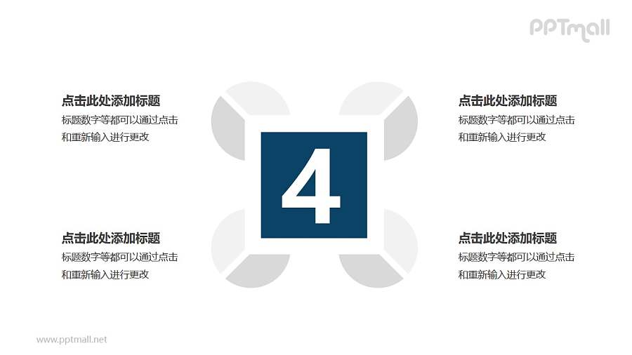 4个扇形图围绕四边形并列关系逻辑图PPT模板