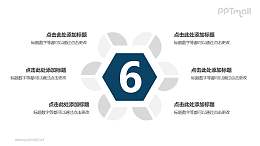 6个扇形图围绕六边形并列关系逻辑图PPT模板