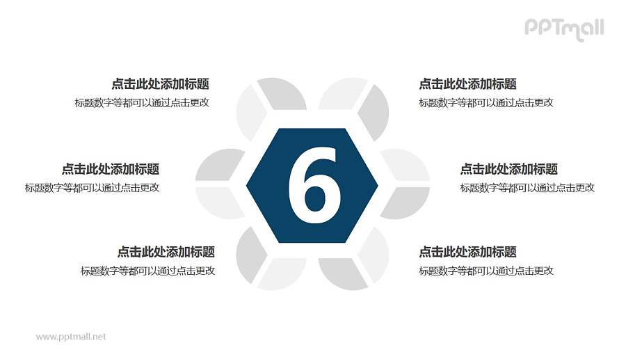 6个扇形图围绕六边形并列关系逻辑图PPT模板