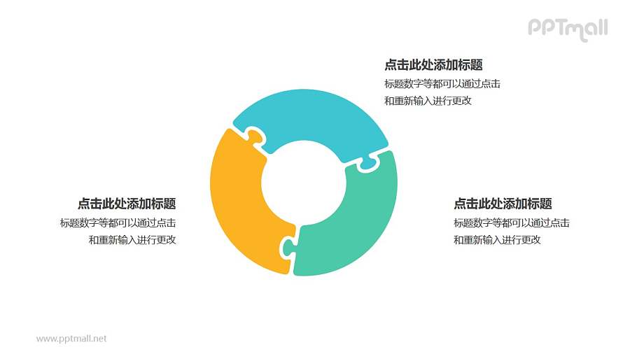 3个彩色拼图组成的空心圆循环关系逻辑图PPT模板