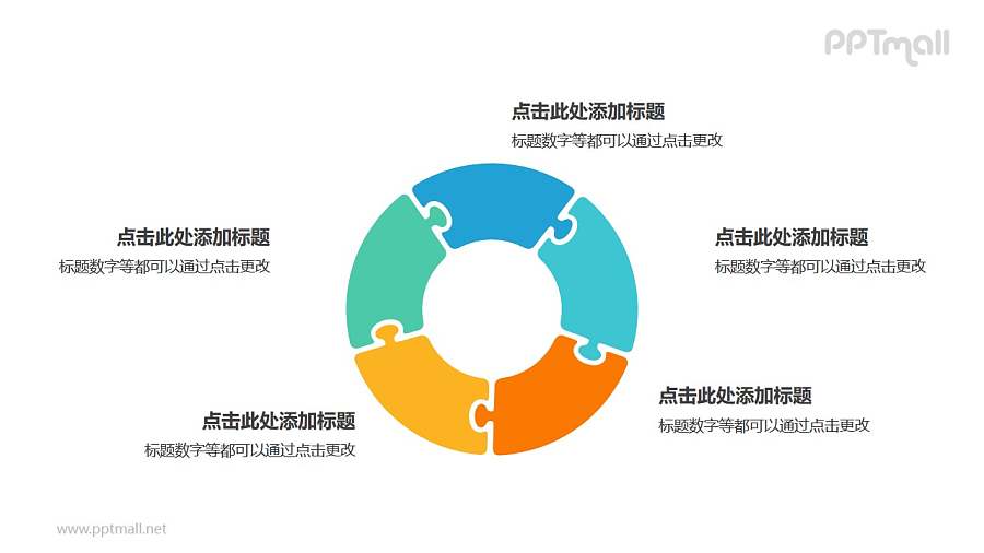5个彩色拼图组成的空心圆循环关系逻辑图PPT模板