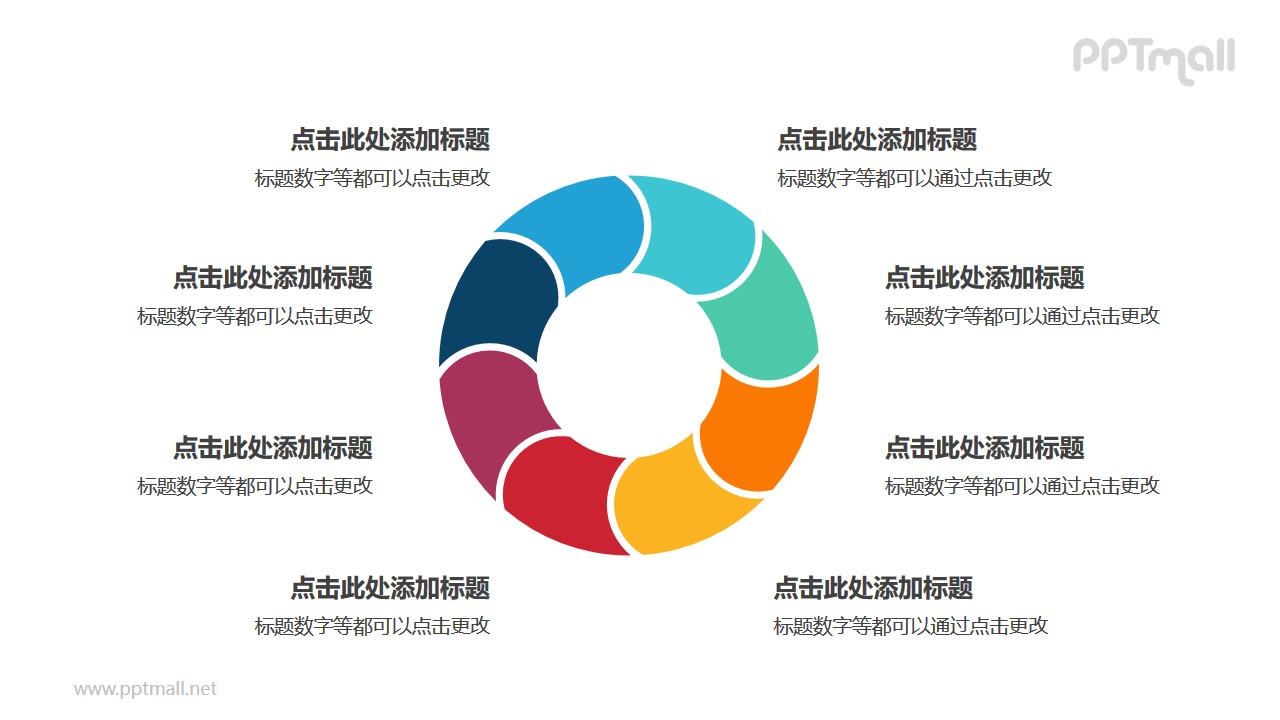 8部分彩色拼图组成的空心圆循环关系逻辑图PPT模板