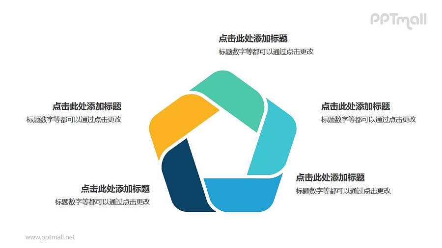 5部分彩色拼图组成的五边形循环关系逻辑图PPT模板