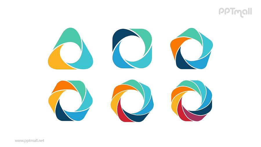 6组彩色花瓣样式的拼图循环关系逻辑图PPT模板