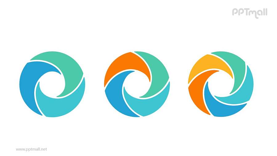 3个并列的彩色螺旋空心圆循环关系逻辑图PPT模板