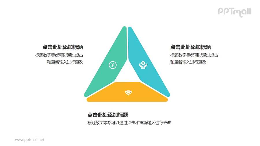 3部分梯形组成的三角形循环关系逻辑图PPT模板