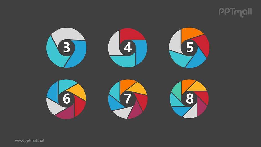 六个较厚体积彩色空心圆并列关系逻辑图