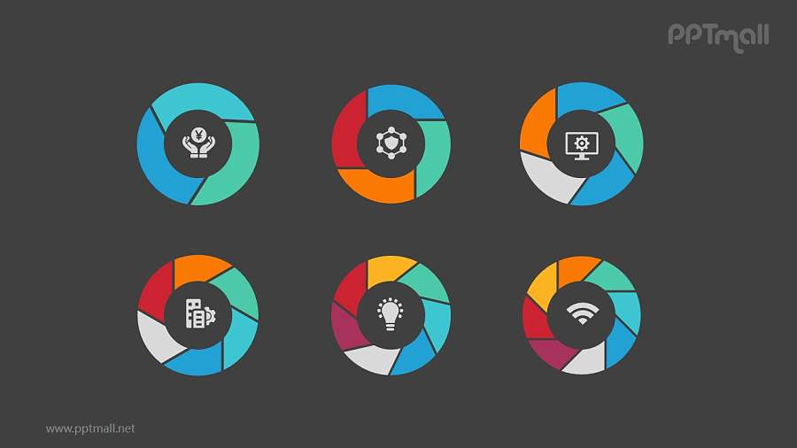 六个彩色的空心圆并列关系逻辑图
