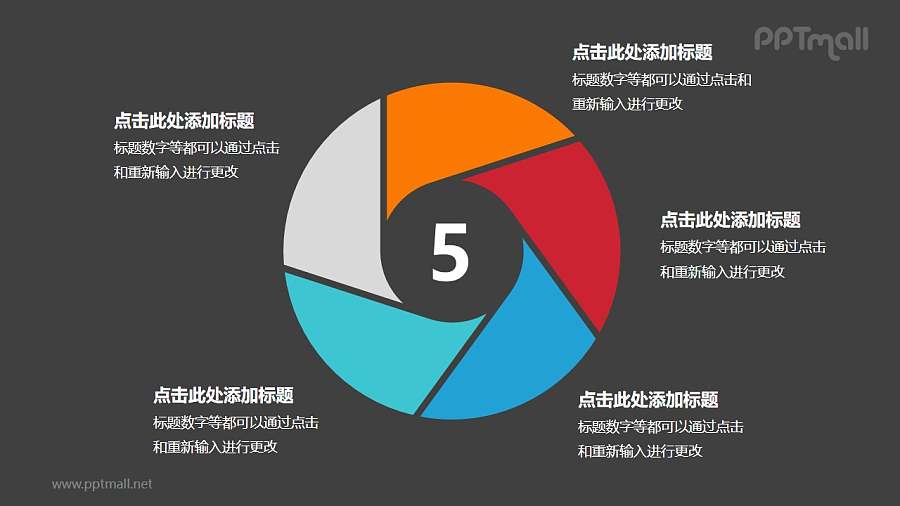 五部分彩色空心圆循环关系逻辑图