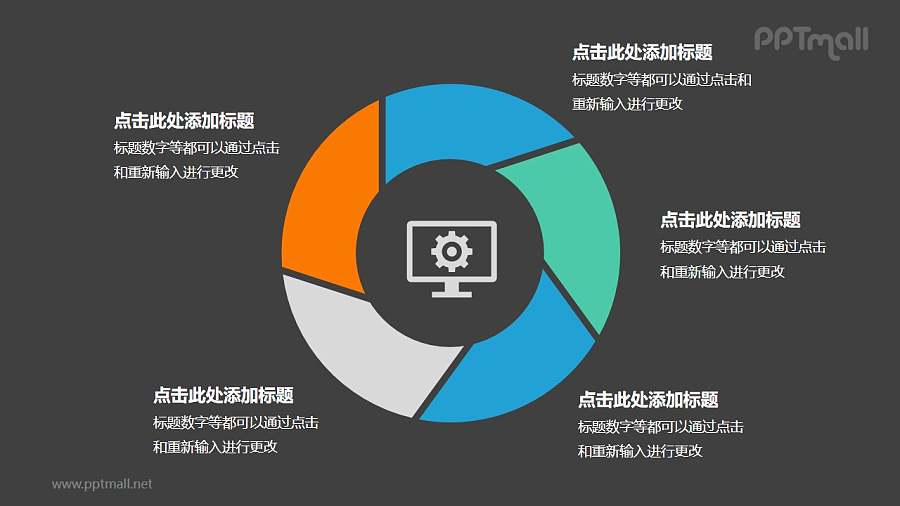 彩色五部分空心圆循环关系逻辑图标