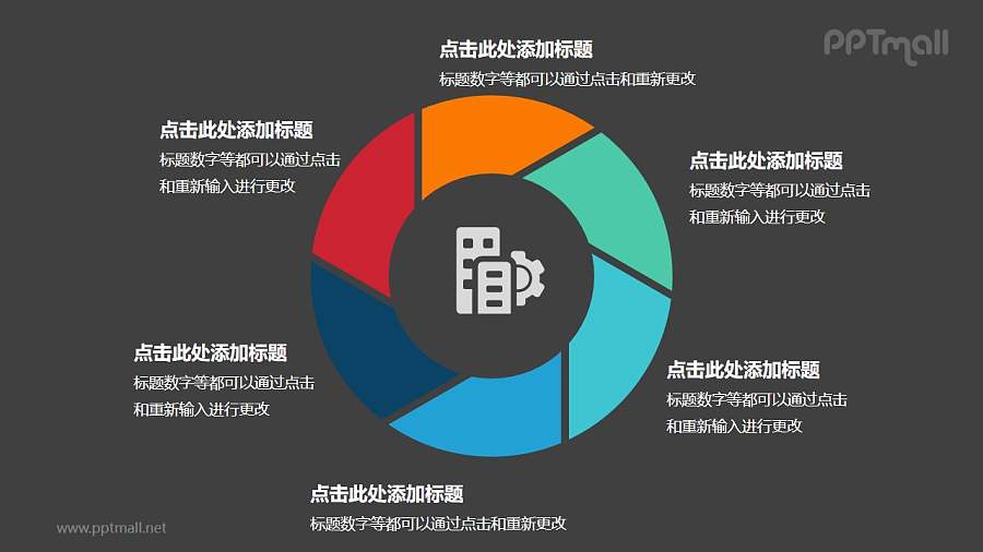彩色空心圆六部分循环关系逻辑图表