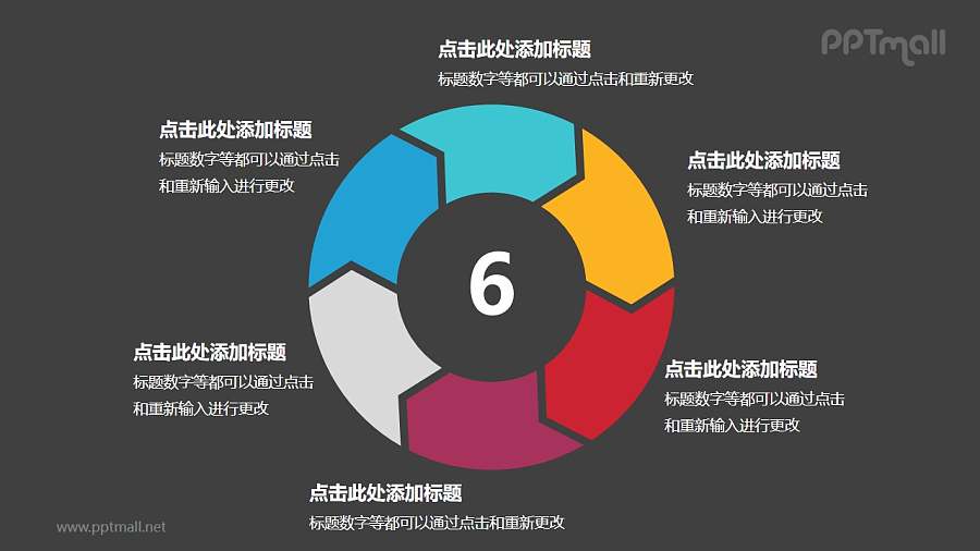 六部分彩色空心圆箭头循环关系逻辑图