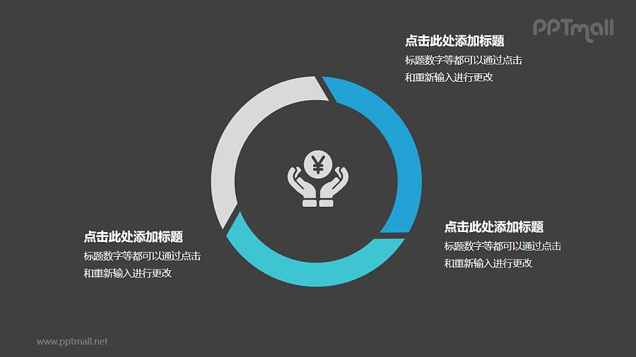 3部分饼图蓝绿色空心圆循环关系逻辑图