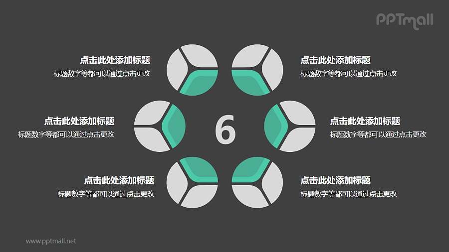 6个灰绿色饼图摆成的圆形并列关系逻辑图