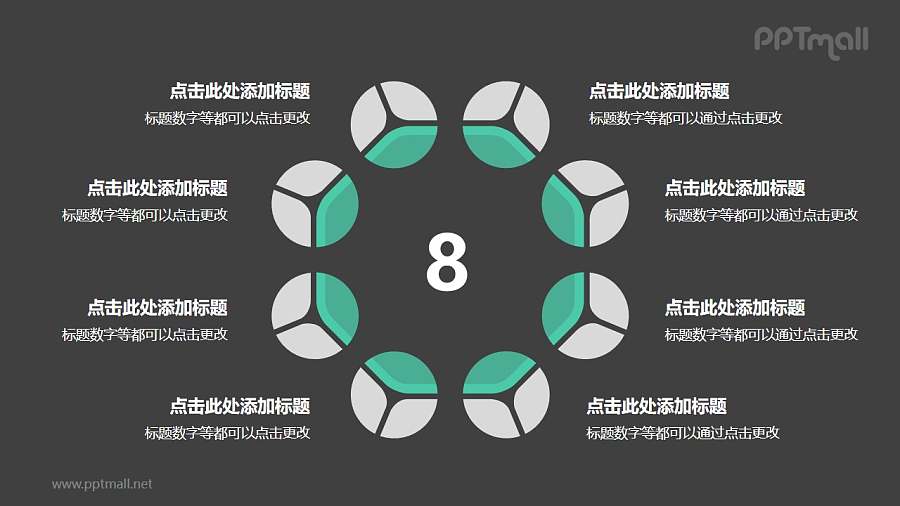 8个灰绿色饼图摆成的圆形并列关系逻辑图