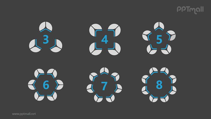 6个蓝灰色饼图并列关系逻辑图