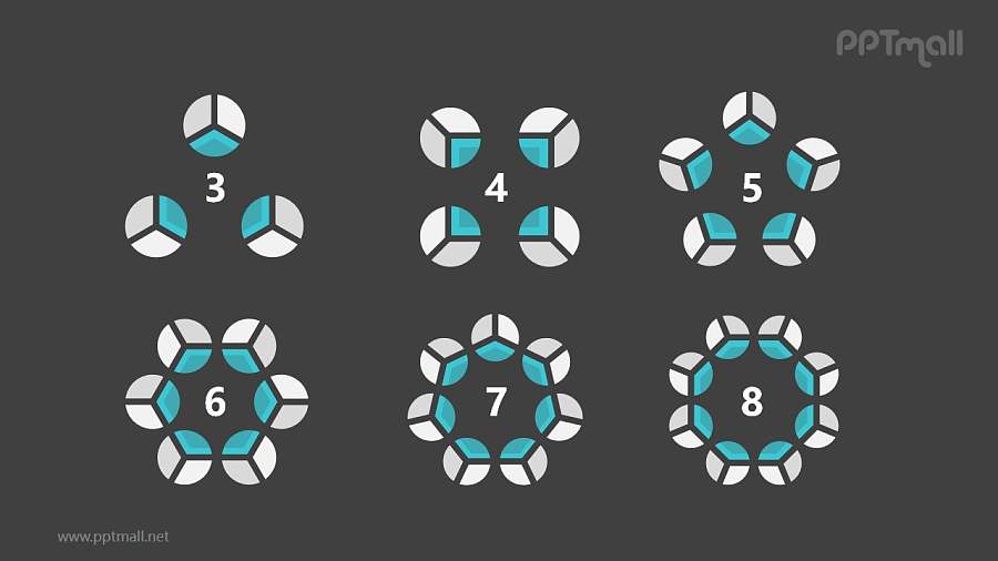 6组蓝灰色饼图并列关系逻辑图PPT模板