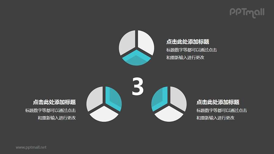 3个灰绿色饼图并列关系逻辑图PPT模板