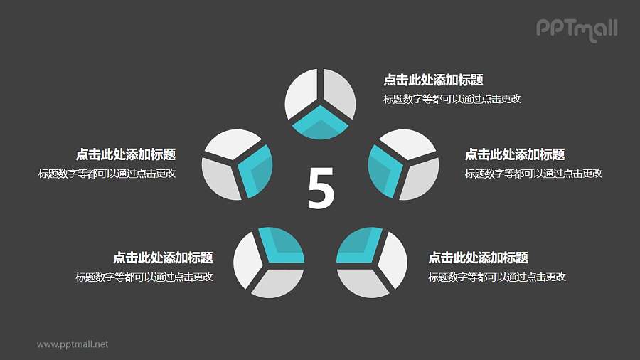 5个灰绿色饼图并列关系逻辑图PPT模板