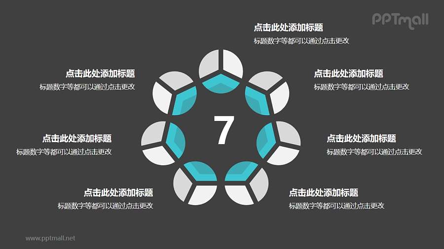 7个灰绿色饼图摆成的圆形并列关系逻辑图PPT模板