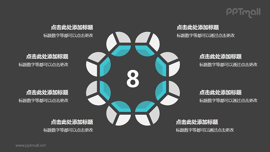 8个灰绿色饼图摆成的圆形并列关系逻辑图PPT模板