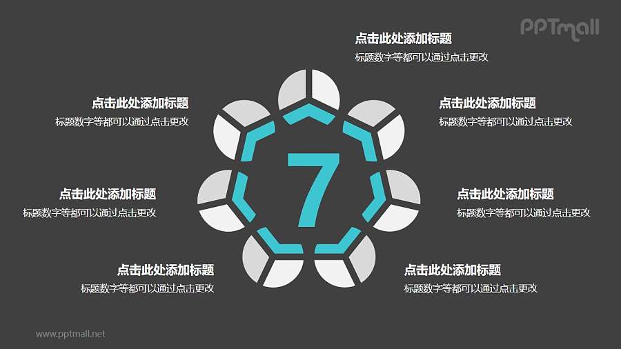 7个灰绿色拼图循环关系逻辑图PPT模板