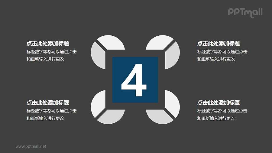 4个扇形图围绕四边形并列关系逻辑图PPT模板