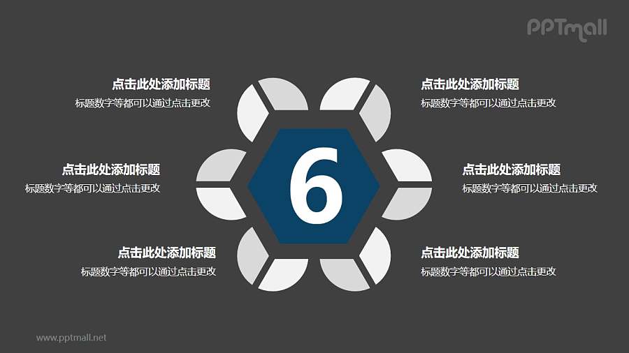 6个扇形图围绕六边形并列关系逻辑图PPT模板