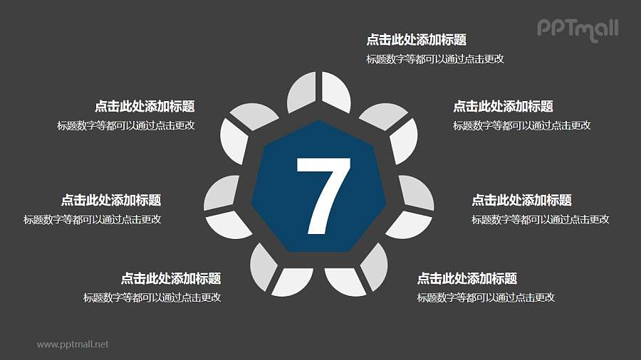 7个扇形图围绕六边形并列关系逻辑图PPT模板