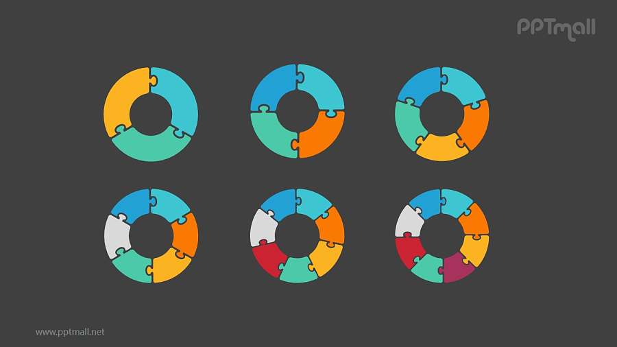 6组拼图空心圆循环关系逻辑图PPT模板