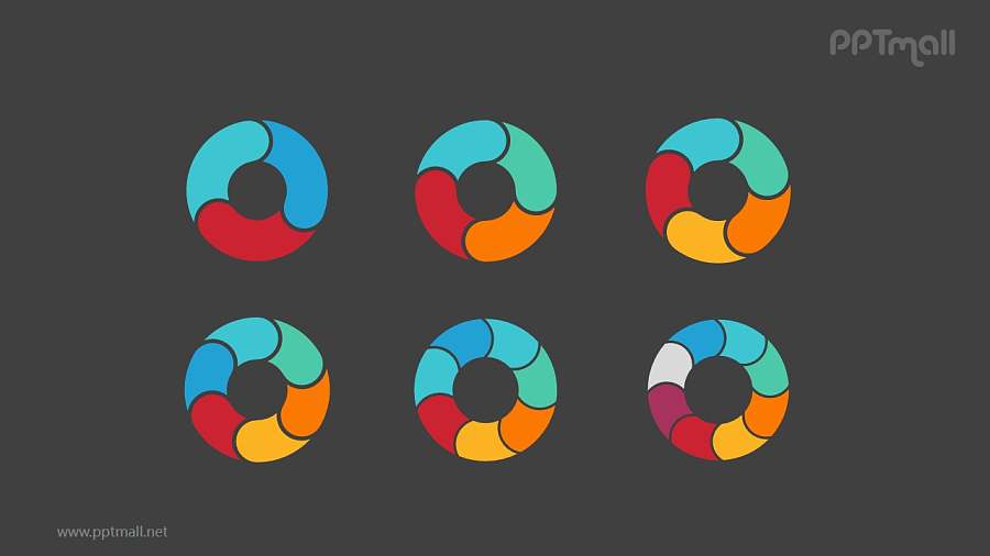 6组彩色拼图空心圆循环关系逻辑图PPT模板