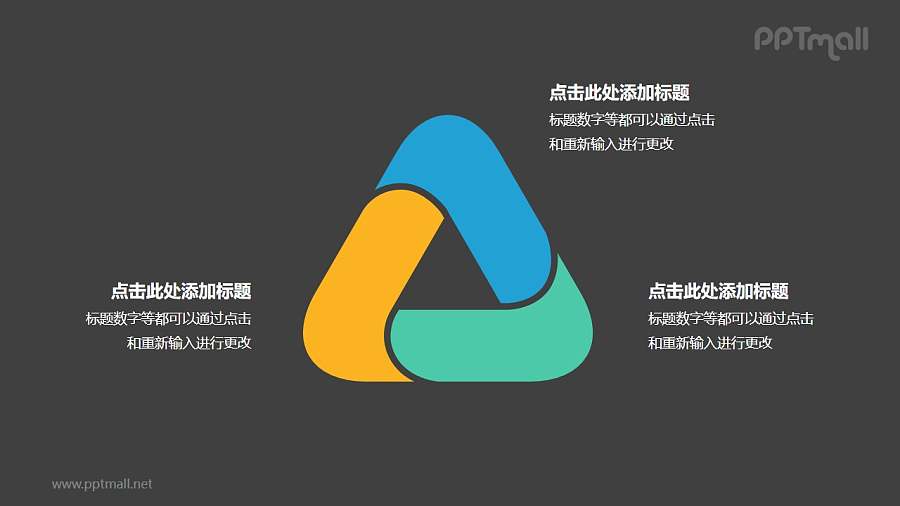 3部分彩色拼图组成三角形循环关系逻辑图PPT模板