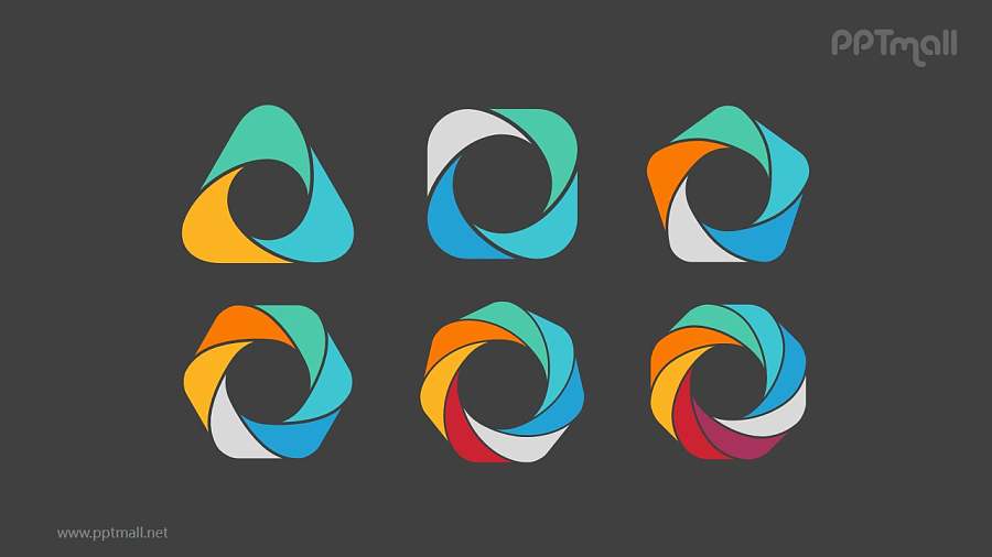 6组彩色花瓣样式的拼图循环关系逻辑图PPT模板