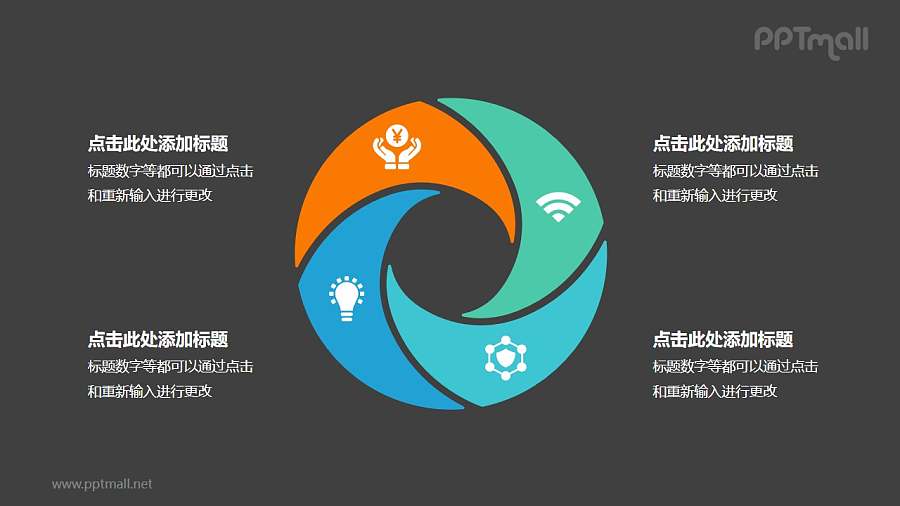 4部分彩色螺旋空心圆循环关系逻辑图PPT模板