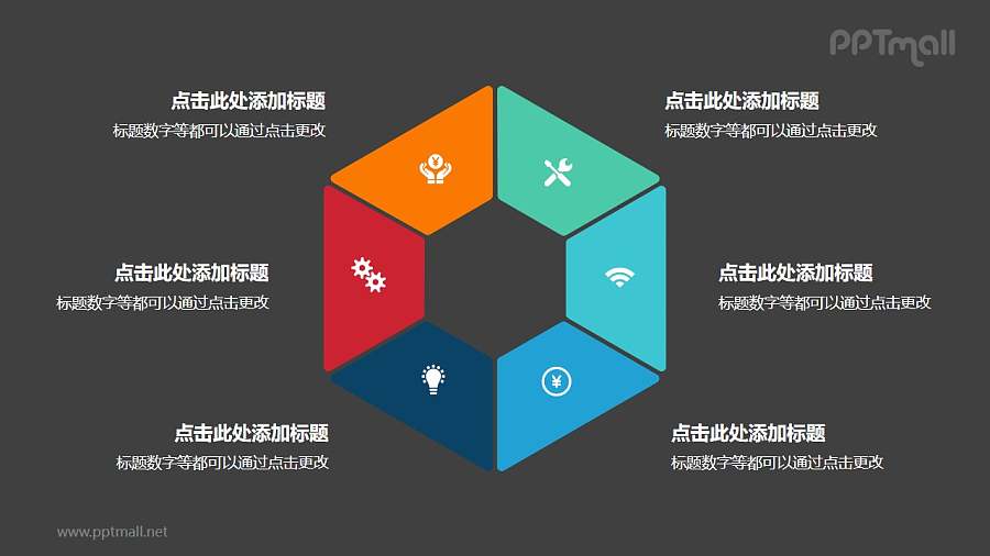 6部分梯形组成的六边形循环关系逻辑图PPT模板