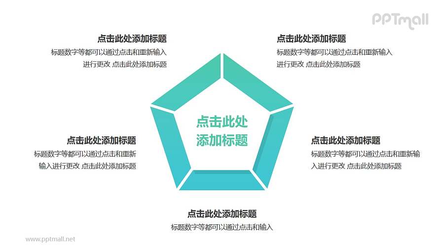 5部分绿色梯形组成的三角形循环关系逻辑图PPT模板