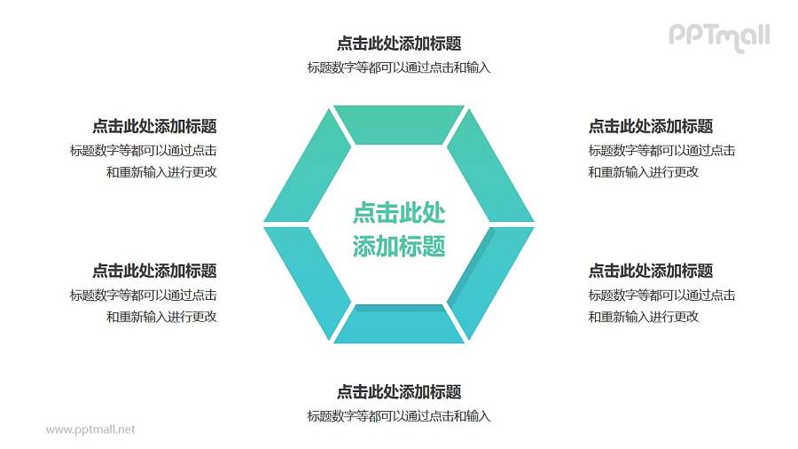 6部分绿色梯形组成的三角形循环关系逻辑图PPT模板