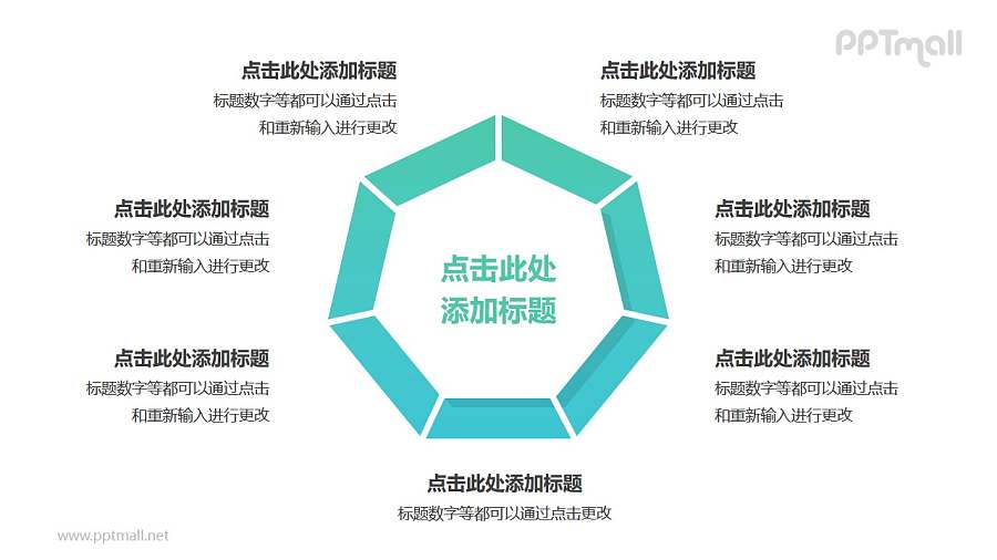 7部分绿色梯形组成的三角形循环关系逻辑图PPT模板