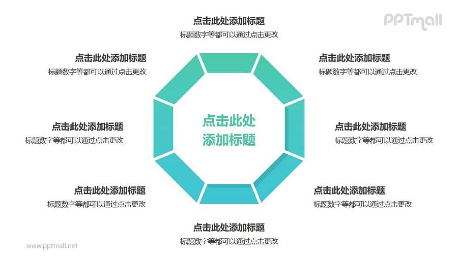 8部分绿色梯形组成的三角形循环关系逻辑图PPT模板