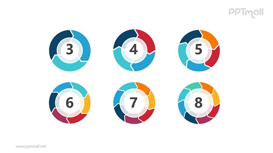 6个并列的环状图形循环关系逻辑图PPT模板