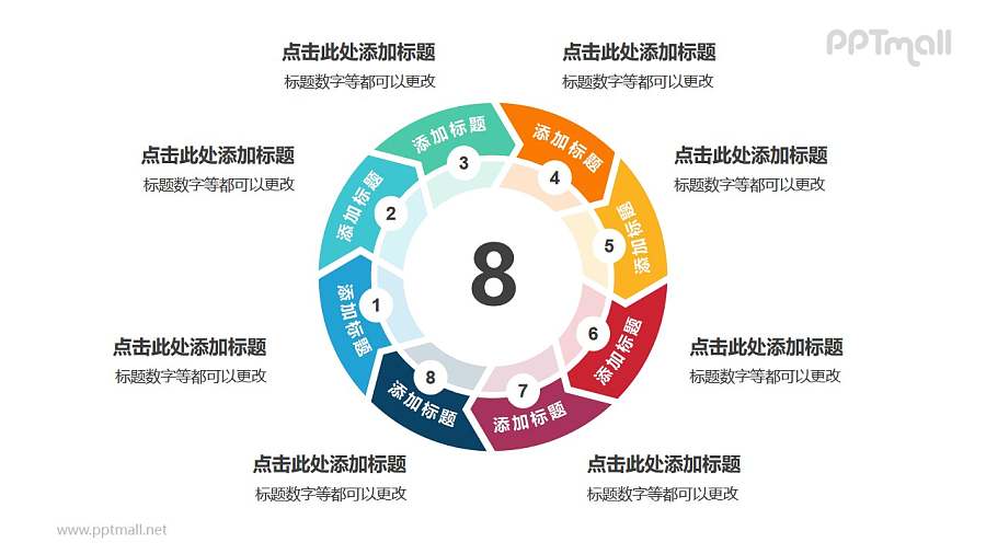 8个箭头组成的空心圆带箭头循环关系逻辑图PPT模板