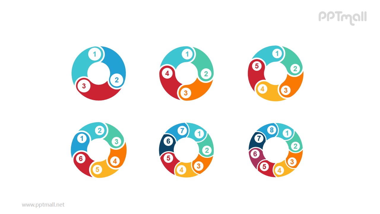 6组彩色拼图组成的空心圆循环关系逻辑图PPT模板