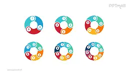 6组彩色拼图组成的空心圆循环关系逻辑图PPT模板