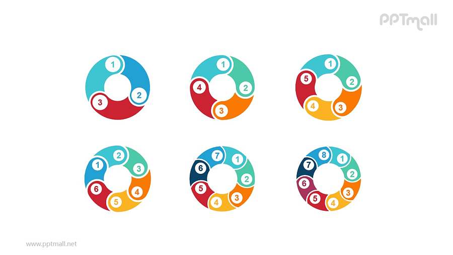 6组彩色拼图组成的空心圆循环关系逻辑图PPT模板