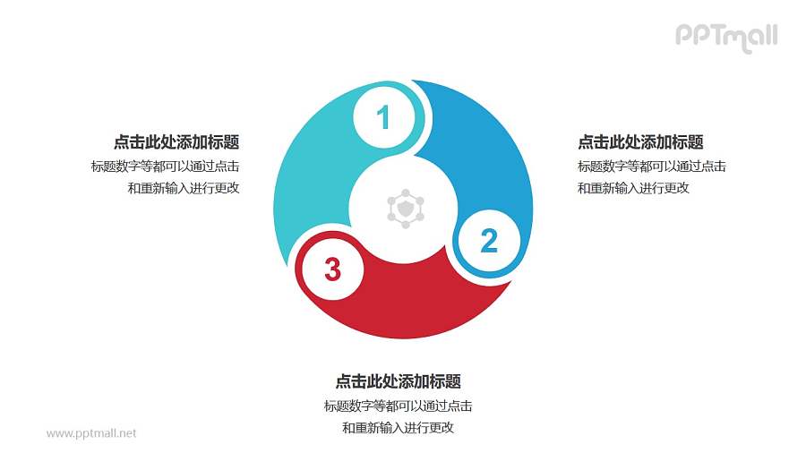 3个带序号的拼图组成的空心圆循环关系逻辑图PPT模板