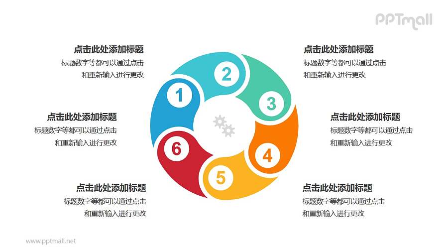 6个带序号的拼图组成的空心圆循环关系逻辑图PPT模板